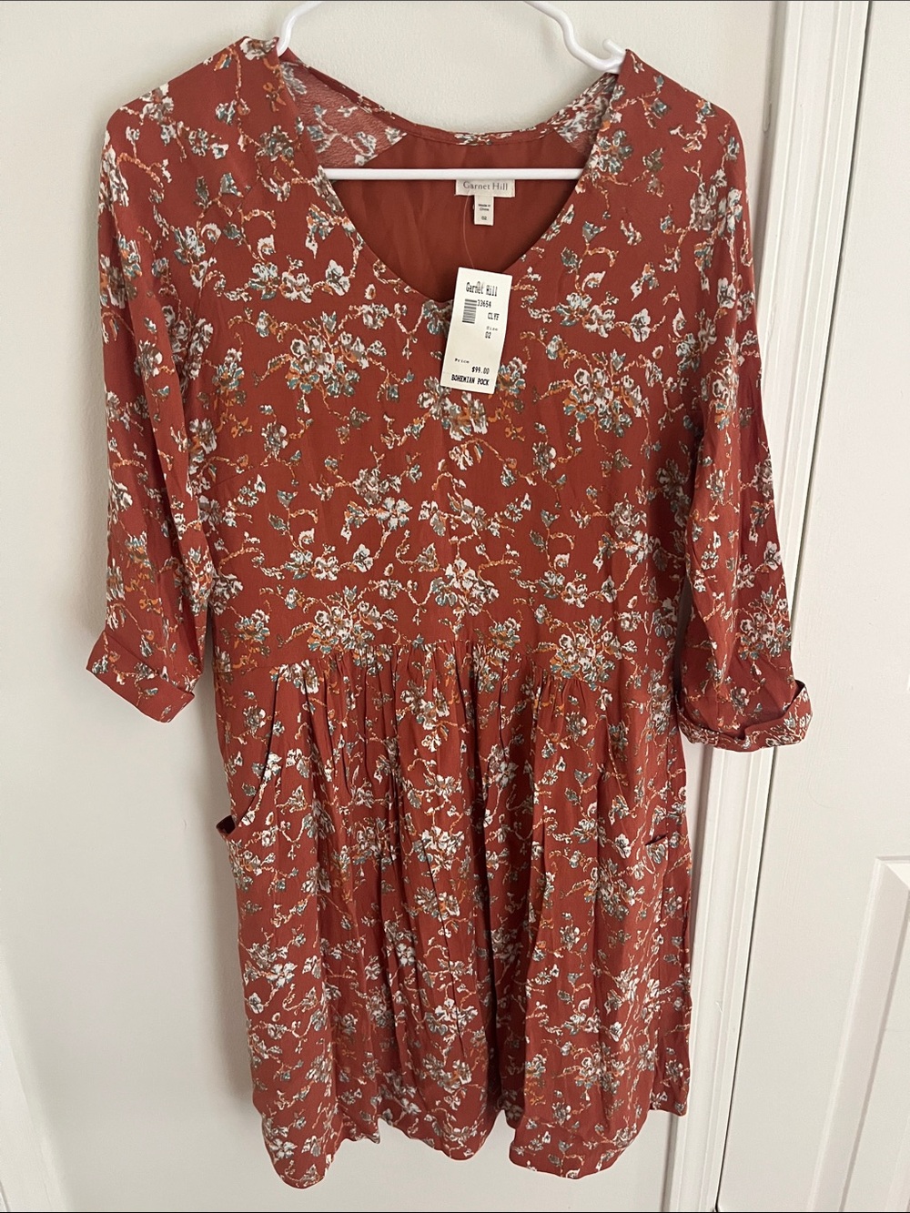 Garnet Hill Rust Floral V-Neck quarter Sleeve Dress Bohemian size 2 NWT